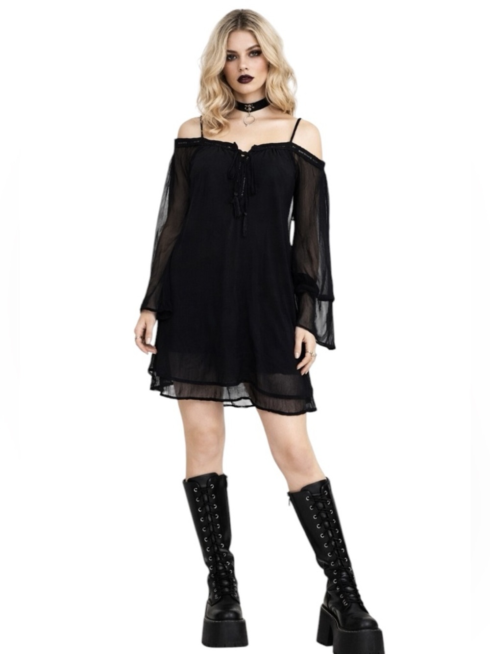 Purple Snow “NEW” Black Sheer Long Sleeve Whimsigoth Cold Shoulder Shift Dress S